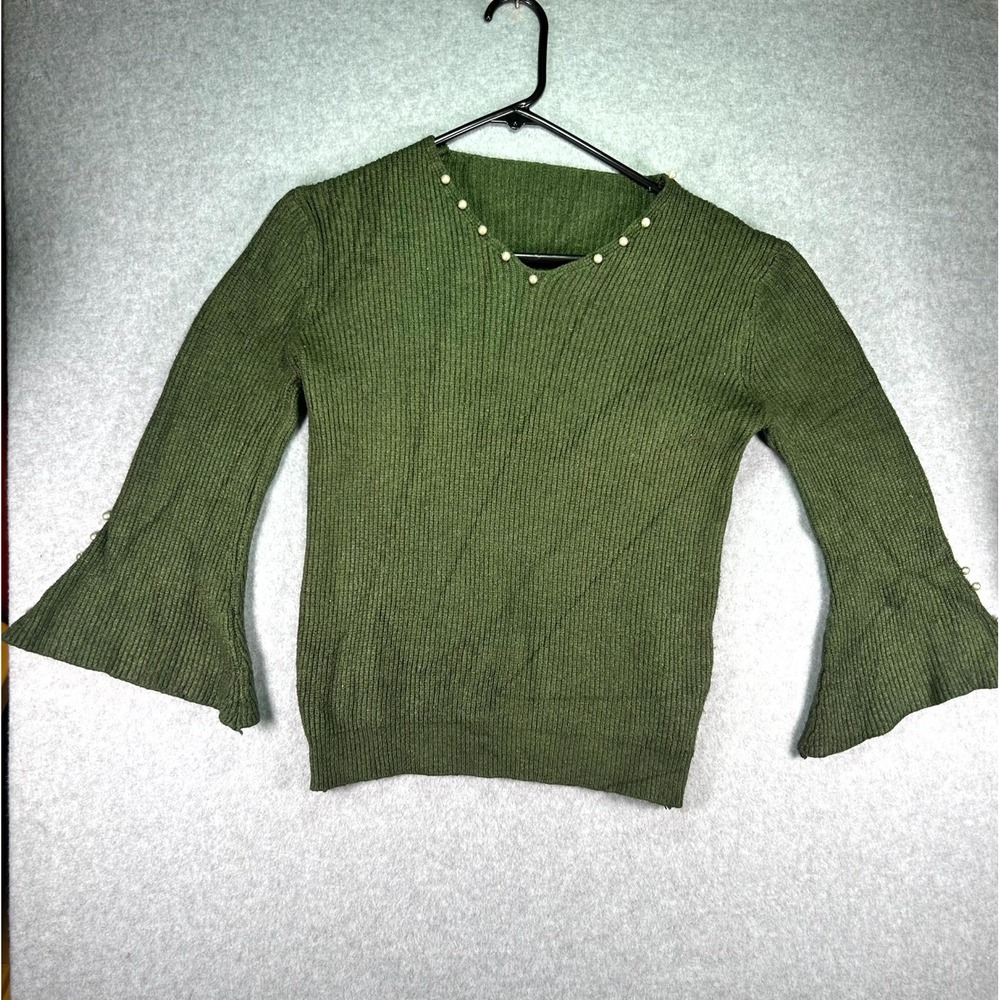 Womens Sweater Green Ribbed Knit Pearl Embellishment Bell Sleeve V Neck Pullover